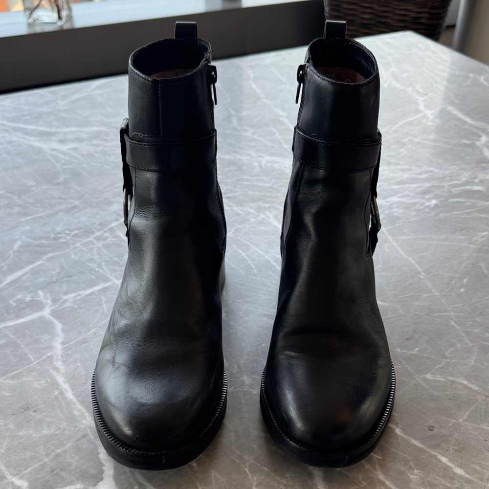 Bernardo Black Leather Buckle Ankle Combat Boots
